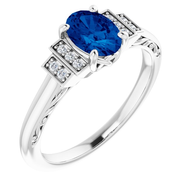 14k White Lab-grown Blue Sapphire & .05 Ctw Natural Diamond Ring
