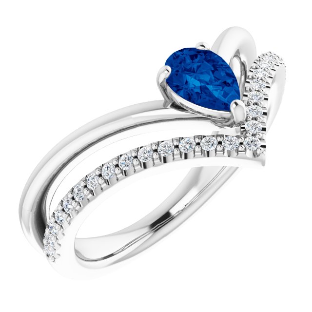 14k White Natural Blue Sapphire & 1/6 Ctw Natural Diamond Ring