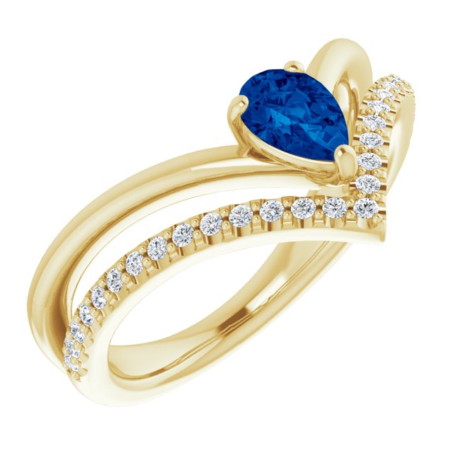 14k Yellow Lab-grown Blue Sapphire & 1/6 Ctw Natural Diamond Ring