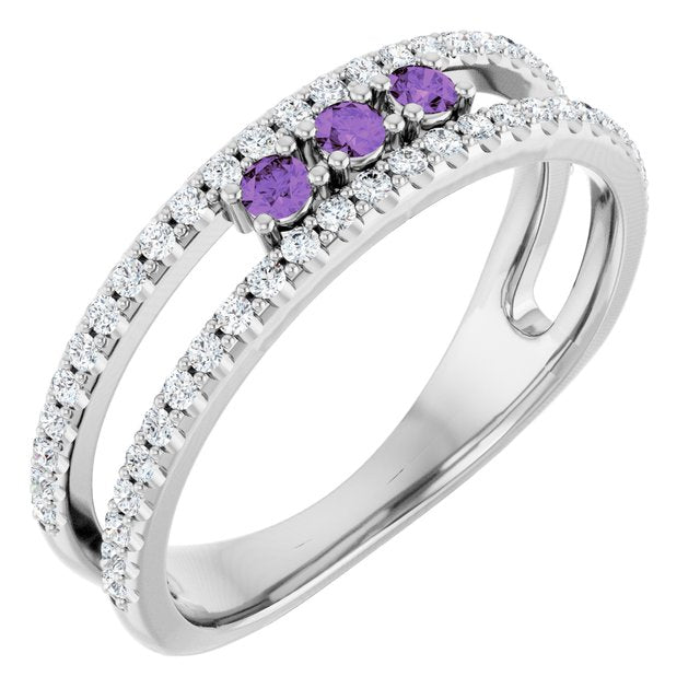14k White Natural Amethyst & 1/4 Ctw Natural Diamond Ring