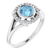 14k White Natural Aquamarine & .08 Ctw Natural Diamond Ring