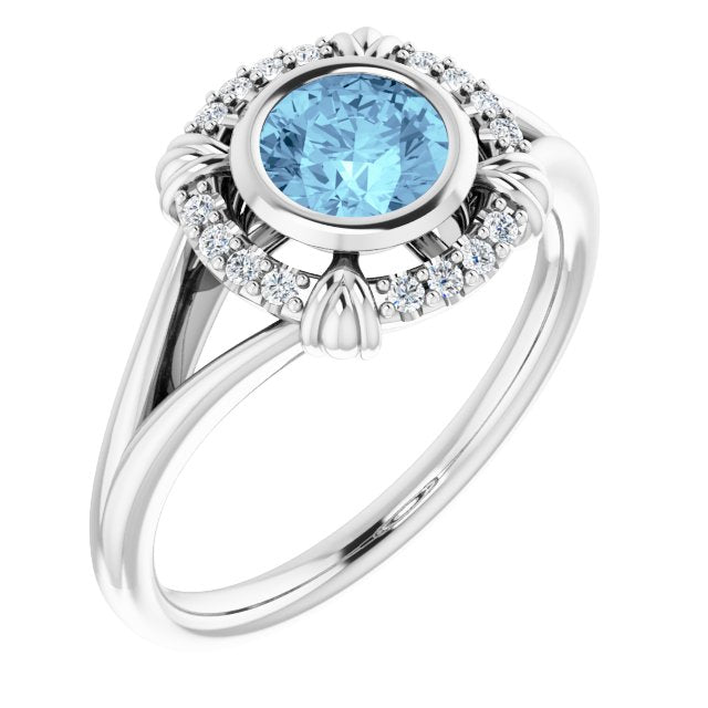 14k White Natural Aquamarine & .08 Ctw Natural Diamond Ring