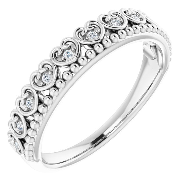 14k White .04 Ctw Natural Diamond Stackable Beaded Heart Ring