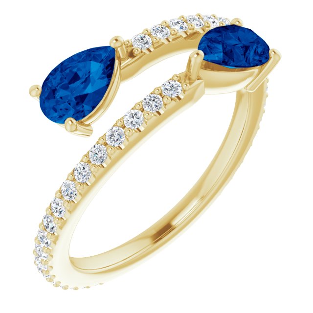 14k Yellow Lab-grown Blue Sapphire & 1/3 Ctw Natural Diamond Ring
