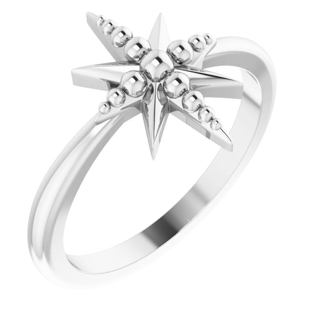 14K White Beaded Star Ring