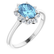 14K White Natural Aquamarine & 1/3 CTW Natural Diamond Halo-Style Ring