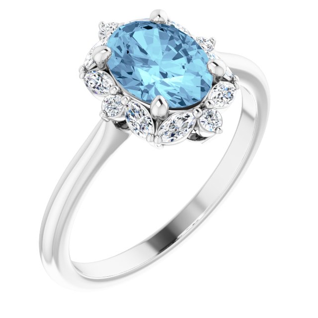 14K White Natural Aquamarine & 1/3 CTW Natural Diamond Halo-Style Ring