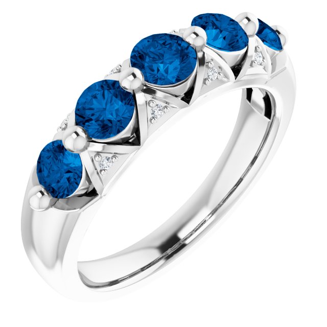 14k White Natural Ceylon Blue Sapphire & .03 Ctw Natural Diamond Ring