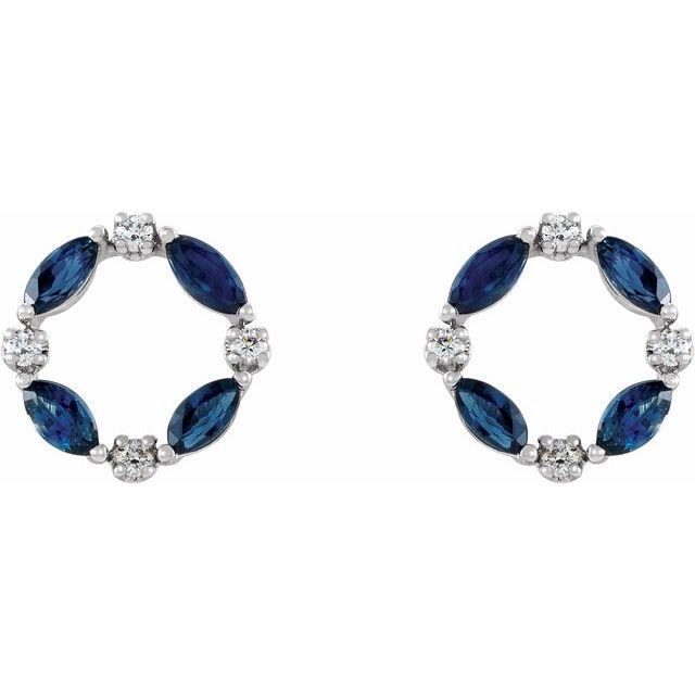 14K White Natural Blue Sapphire & 1/10 CTW Natural Diamond Circle Earrings