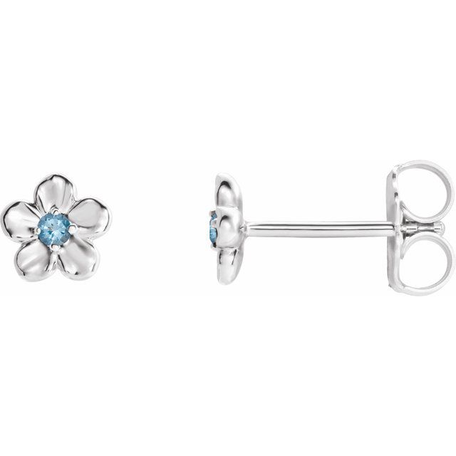 14k Yellow Imitation Aquamarine March Birthstone Flower Earrings