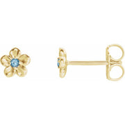 14k Yellow Imitation Aquamarine March Birthstone Flower Earrings