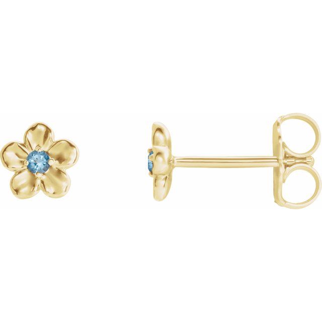 14k Yellow Imitation Aquamarine March Birthstone Flower Earrings
