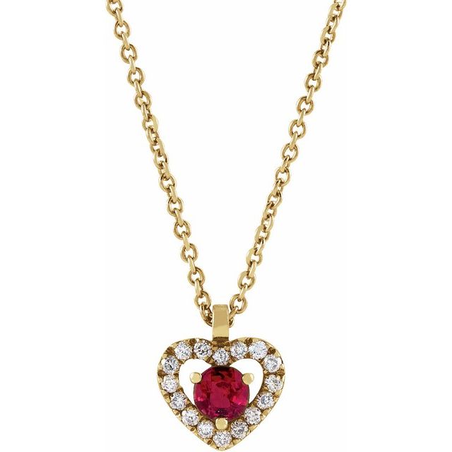 14K Yellow Natural Ruby & .06 CTW Natural Diamond Heart 18' Necklace