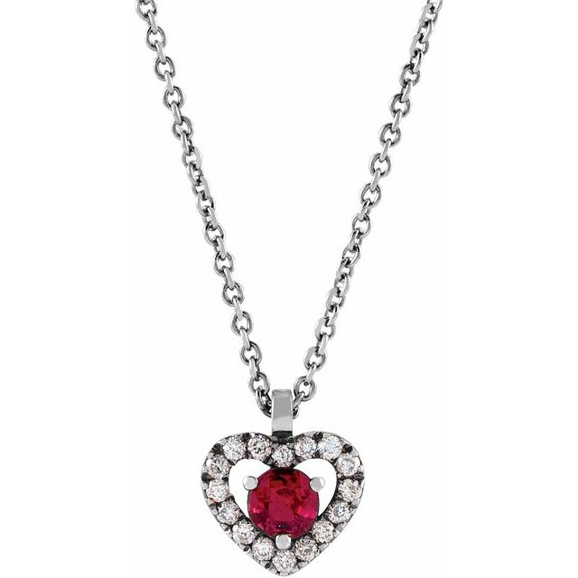14K White Natural Ruby & .06 CTW Natural Diamond Heart 18' Necklace