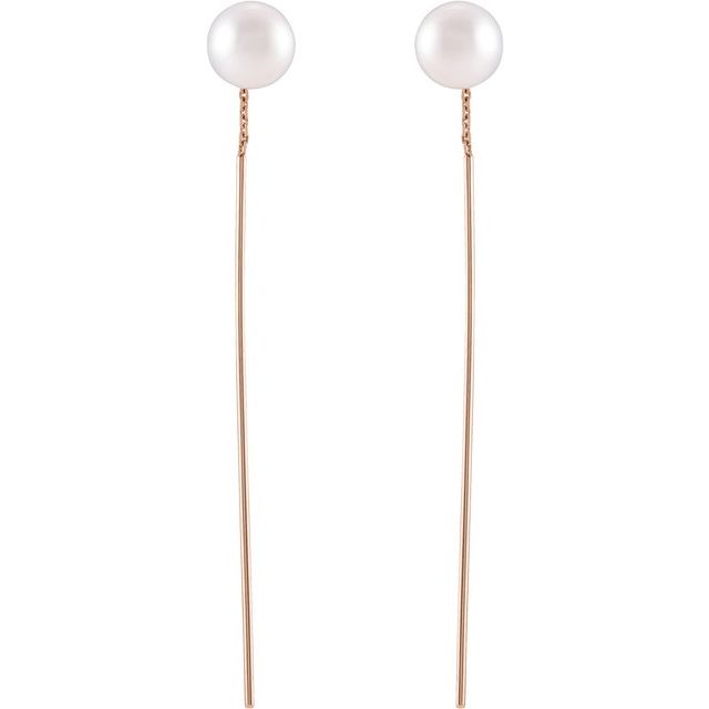 14K Rose Cultured White Freshwater Pearl Threader Earrings