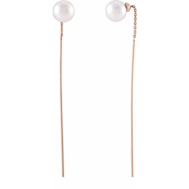 14K Rose Cultured White Freshwater Pearl Threader Earrings