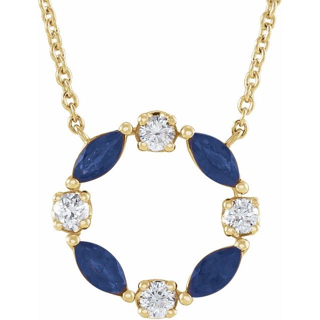 14K Yellow Natural Blue Sapphire & 1/10 CTW Natural Diamond Circle 18' Necklace
