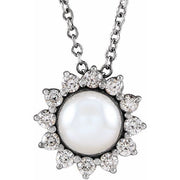 14K White  Cultured White Akoya Pearl & 1/6 CTW Natural Diamond Halo-Style 16-18' Necklace