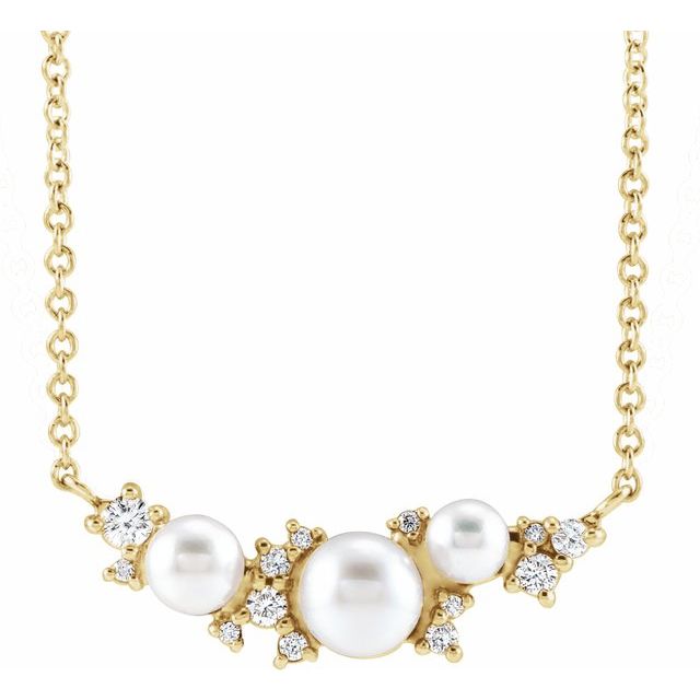 14K Yellow Cultured White Akoya Pearl & .08 CTW Natural Diamond 16' Necklace