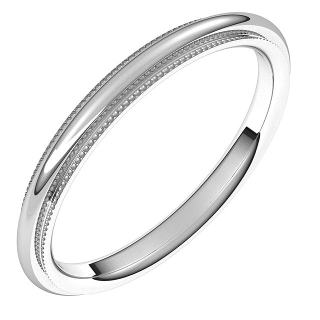 14K White 2 mm Milgrain Half Round Comfort Fit Edge Band Size 6.5