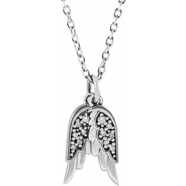 Sterling Silver .03 CTW Natural Diamond Angel Wings 16-18' Necklace