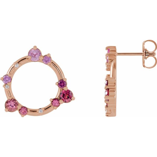 14K Rose Natural Pink Multi-Gemstone & .03 CTW Natural Diamond Circle Earrings