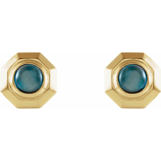 14K Yellow Natural London Blue Topaz Geometric Cabochon Earrings