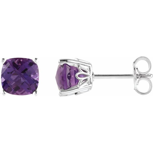 14K White 6x6 mm Cushion Natural Amethyst Earrings
