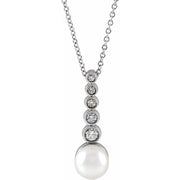 14K White Cultured White Akoya Pearl & 1/8 CTW Natural Diamond Bar 16-18' Necklace