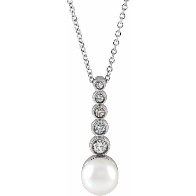 14K White Cultured White Akoya Pearl & 1/8 CTW Natural Diamond Bar 16-18' Necklace