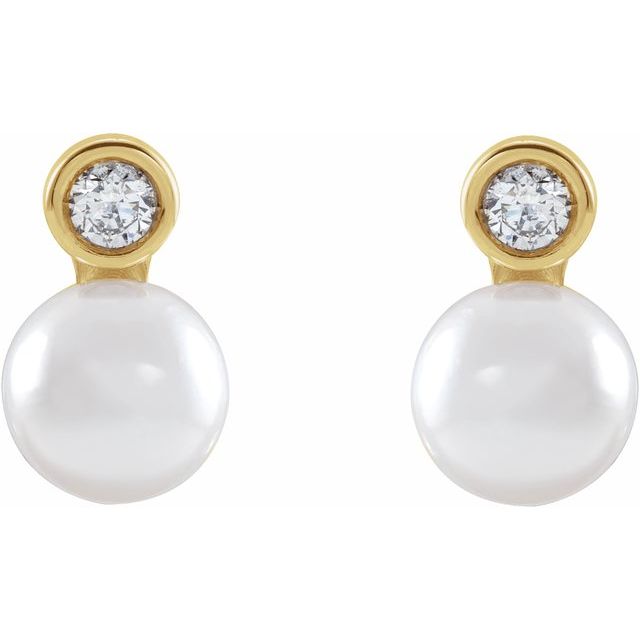 14K Yellow Cultured White Akoya Pearl & 1/8 CTW Natural Diamond Earrings