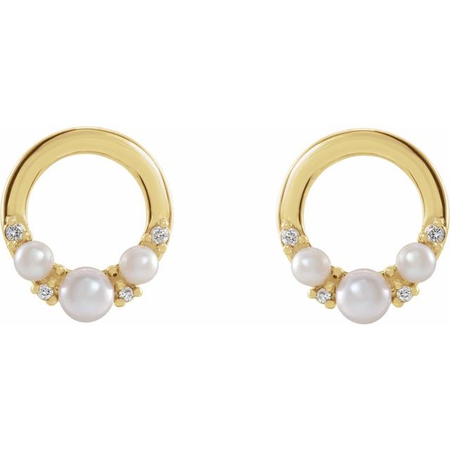 14K Yellow Cultured White Seed Pearl & .06 CTW Natural Diamond Circle Earrings