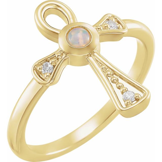 14K Yellow Natural Ethiopian Opal & .04 CTW Natural Diamond Ankh Cross Ring