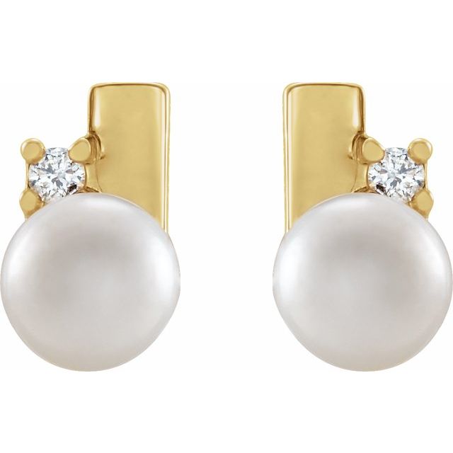 14K Yellow Cultured White Akoya Pearl & .03 CTW Natural Diamond Geometric Earrings