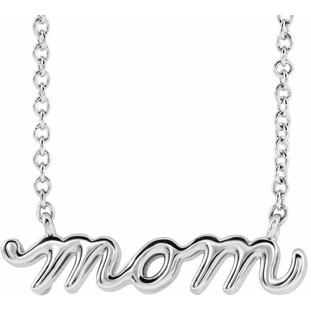 14K White Petite Mom Script 18' Necklace
