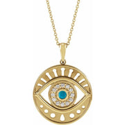 14K Yellow Natural Turquoise & 1/6 CTW Natural Diamond Evil Eye 16-18' Necklace