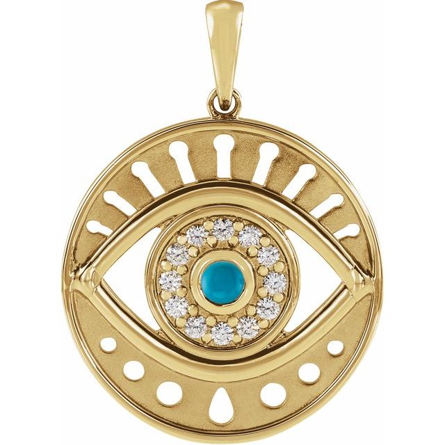 14K Yellow Natural Turquoise & 1/6 CTW Natural Diamond Evil Eye Pendant