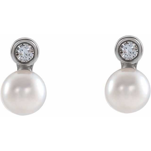 14K White Cultured White Akoya Pearl & .03 CTW Natural Diamond Earrings