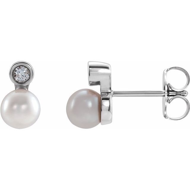 14K White Cultured White Akoya Pearl & .03 CTW Natural Diamond Earrings
