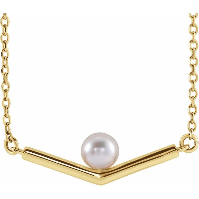 14K Yellow Cultured White Akoya Pearl V 18' Necklace