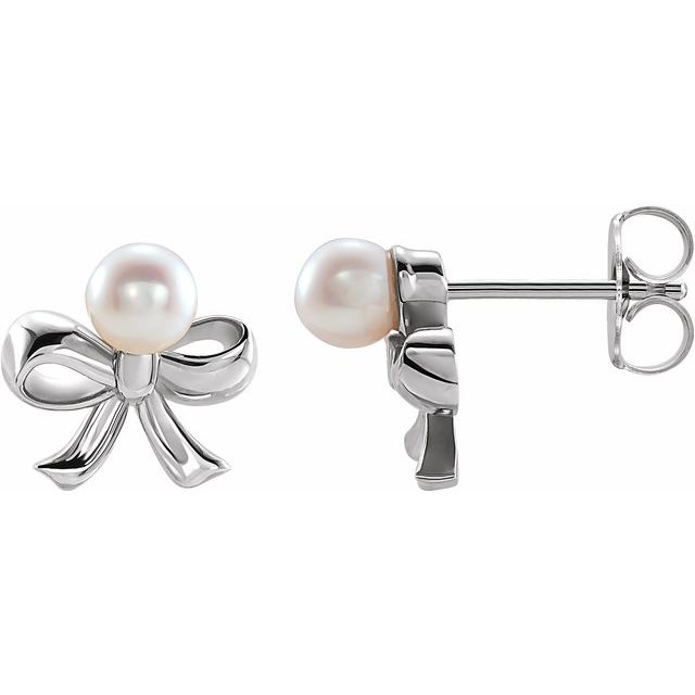 Sterling Silver Cultured White Akoya Pearl Bow Earrings