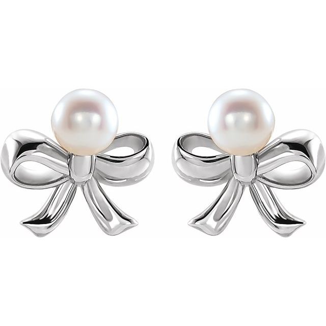 Sterling Silver Cultured White Akoya Pearl Bow Earrings