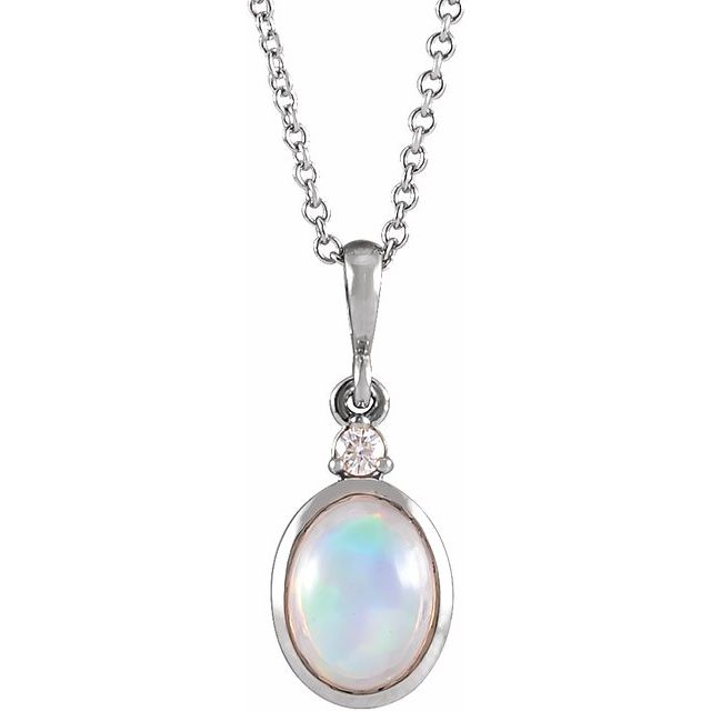 Sterling Silver 8x6 mm Natural Ethiopian Opal & .03 CT Natural Diamond 16-18' Necklace