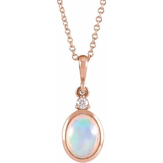 14k Rose 8x6 Mm Natural Ethiopian Opal & .03 Ct Natural Diamond 16-18' Necklace