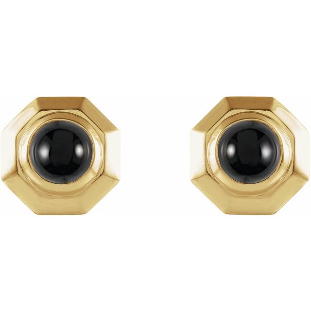 14K Yellow Natural Black Onyx Geometric Cabochon Earrings