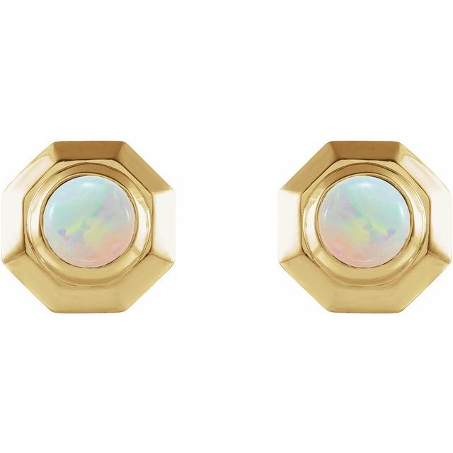 14K Yellow Natural White Opal Geometric Cabochon Earrings