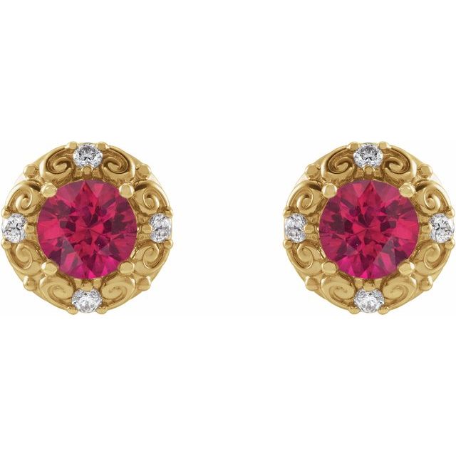 14K Yellow 5 mm Natural Ruby & 1/6 CTW Natural Diamond Halo-Style Earrings
