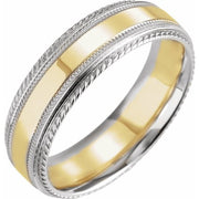 14k White/yellow/white 6 Mm Milgrain Rope Stepped-edge Comfort-fit Band Size 10.5