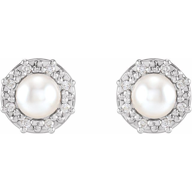 14K White Cultured White Akoya Pearl & .07 CTW Natural Diamond Halo-Style Earrings