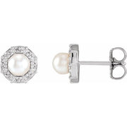 14K White Cultured White Akoya Pearl & .07 CTW Natural Diamond Halo-Style Earrings